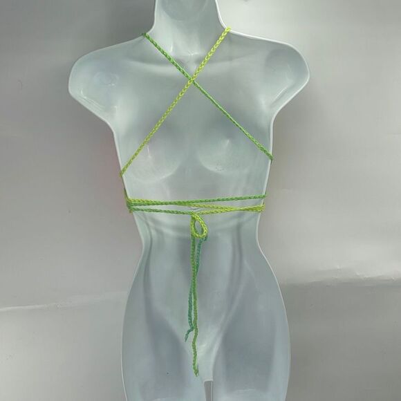 Handmade peek-a-boo crochet rainbow neon halter top crop open knit - Picture 7 of 11